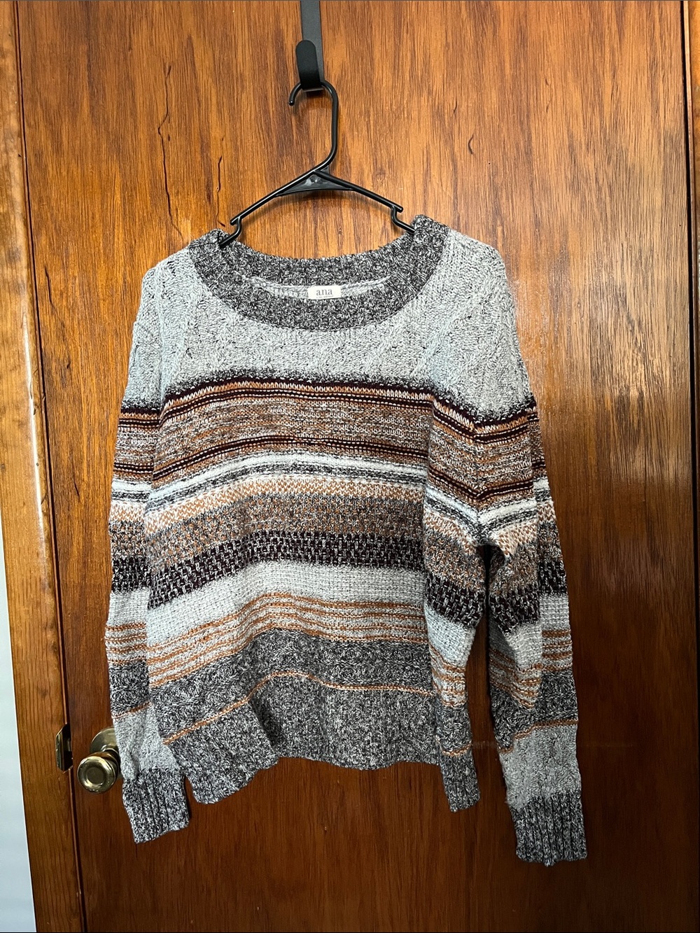 a.n.a Striped Crewneck Sweater in Gray, Brown & Cream